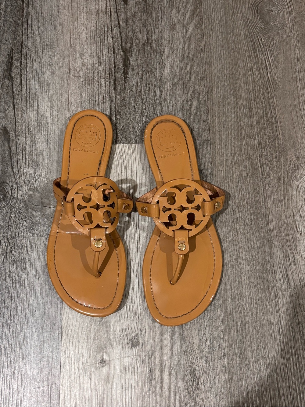 Tory Burch Cognac Patent Leather Miller Thong Sandals